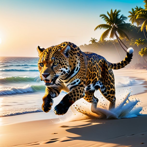 Picture of a jumping of a jaguar on the beach