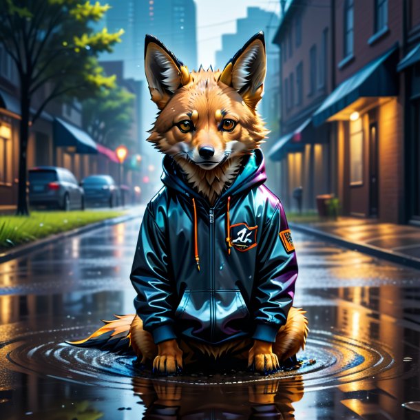 Drawing of a jackal in a hoodie in the puddle