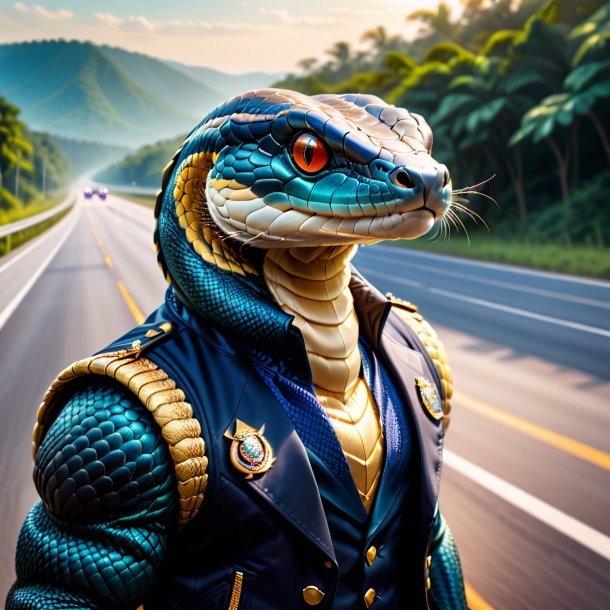 Illustration of a king cobra in a vest on the highway