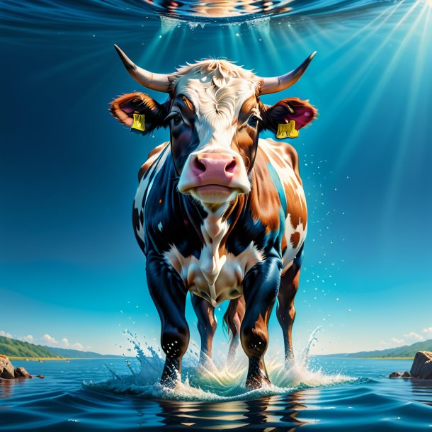 Illustration of a cow in a jeans in the water