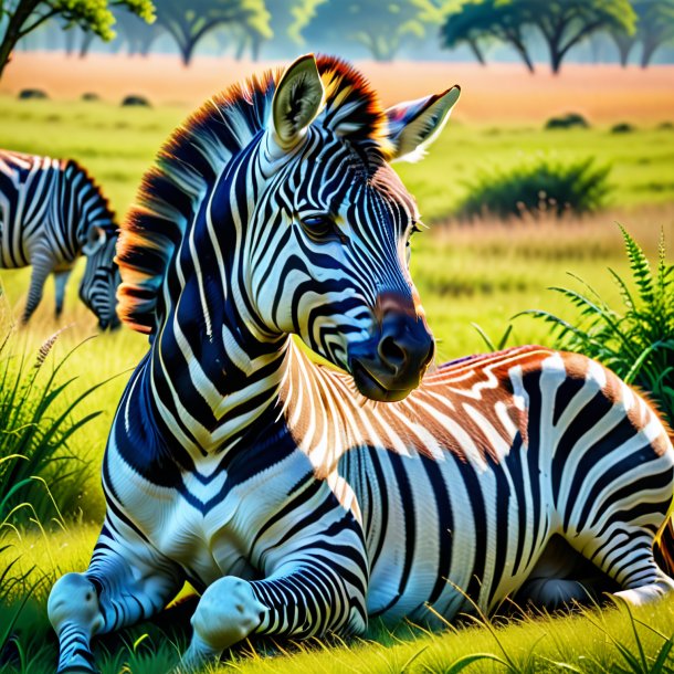 Picture of a resting of a zebra in the meadow