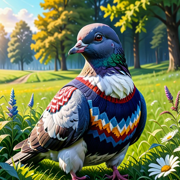 Drawing of a pigeon in a sweater in the meadow