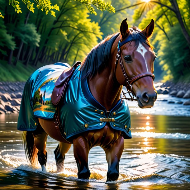 Photo of a horse in a jacket in the river