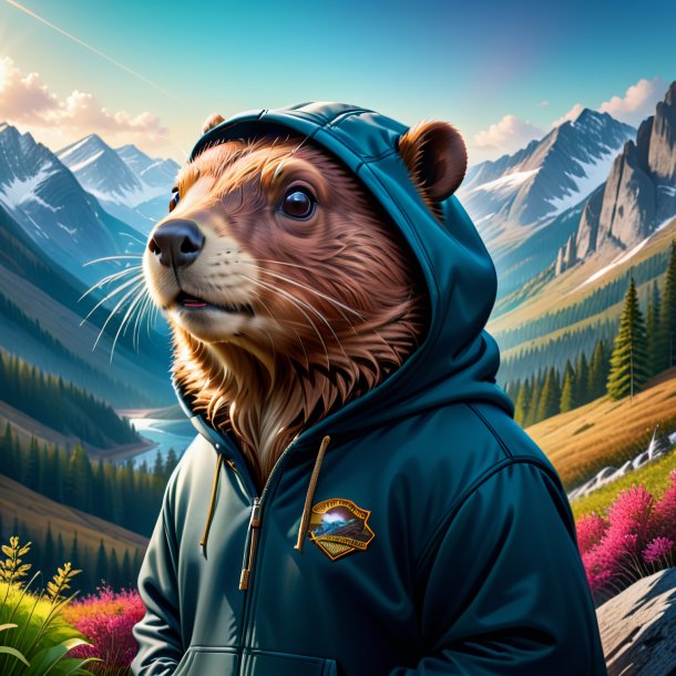 Illustration of a beaver in a hoodie in the mountains