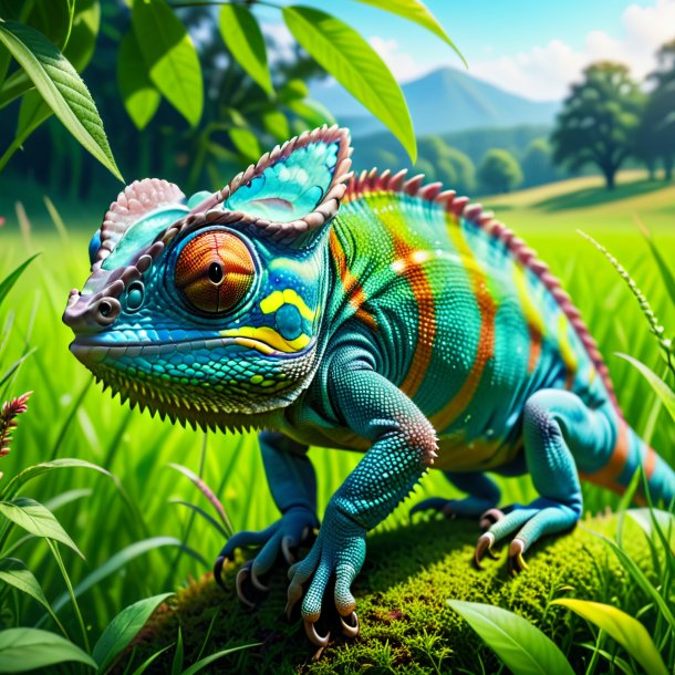 Picture of a drinking of a chameleon in the meadow