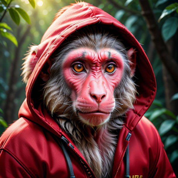 Photo of a baboon in a red hoodie