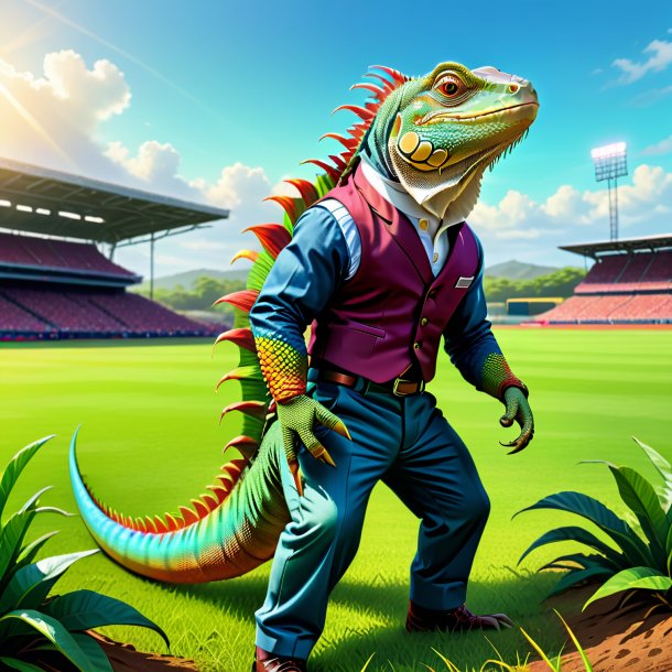 Ilustração de uma iguana em uma calça no campo