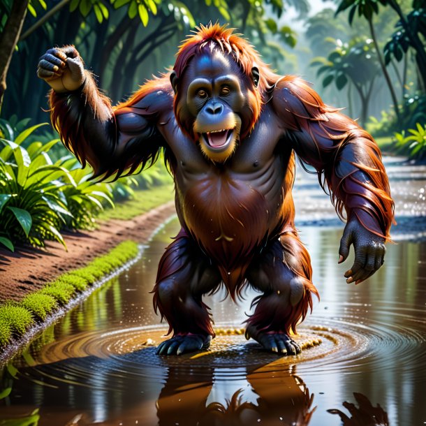 Pic d'une danse d'orangutan dans la flaque