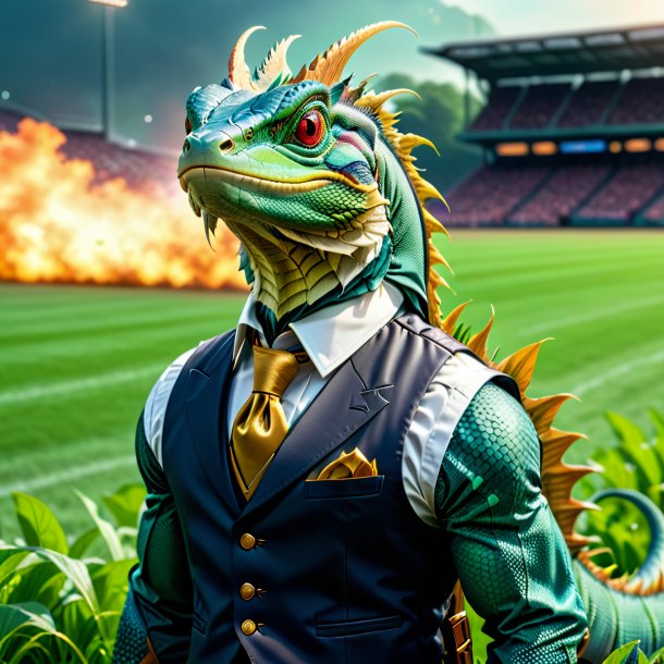 Image of a basilisk in a vest on the field