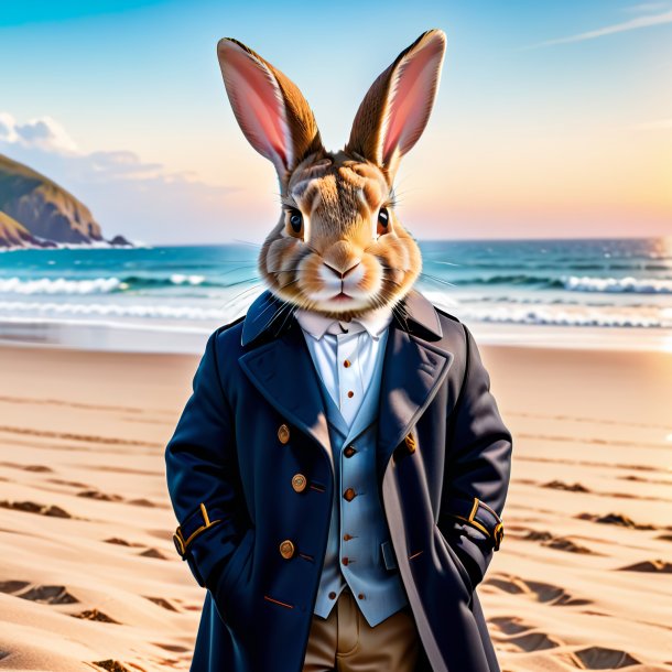 Image d'un lapin en manteau sur la plage