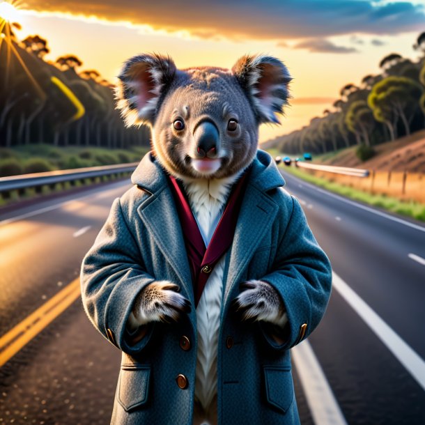 Foto de un koala en un abrigo en la carretera