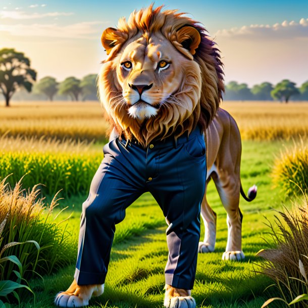 Image of a lion in a trousers on the field