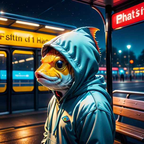 Picture of a fish in a hoodie on the bus stop