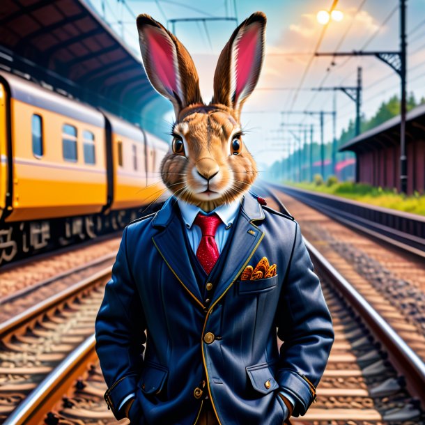 Photo of a hare in a jacket on the railway tracks