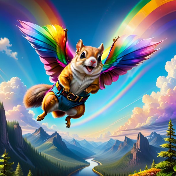 Drawing of a flying squirrel in a belt on the rainbow