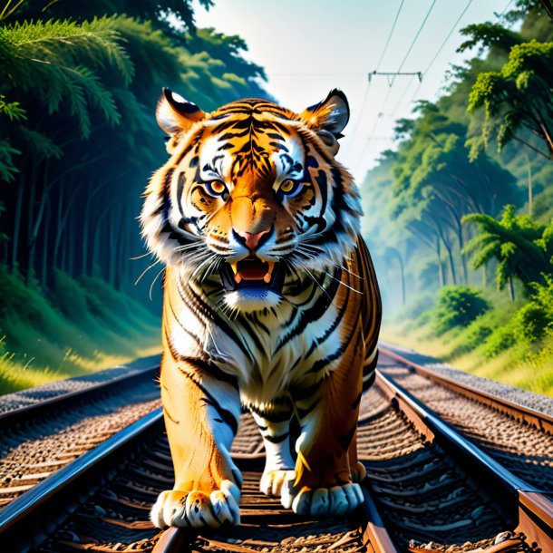 Picture of a threatening of a tiger on the railway tracks