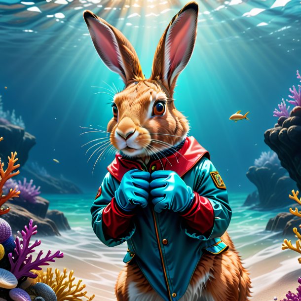 Drawing of a hare in a gloves in the sea