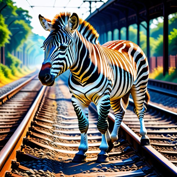 Imagem de uma zebra em luvas nos trilhos ferroviários