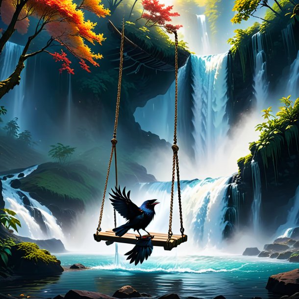 Photo of a swinging on a swing of a crow in the waterfall