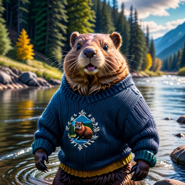 Pic of a beaver in a sweater in the river