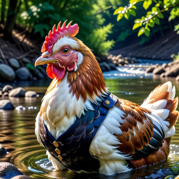 Imagem de uma galinha em um colete no rio