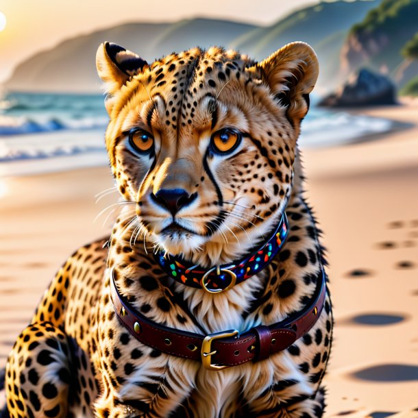 Image of a cheetah in a belt on the beach