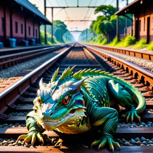 Photo of a resting of a basilisk on the railway tracks