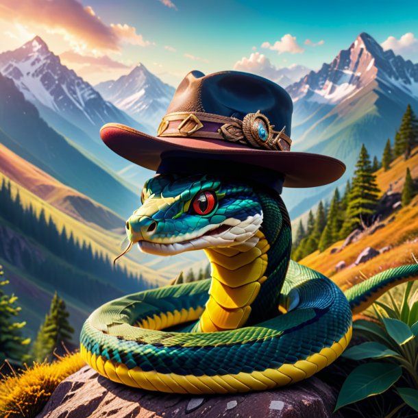 Imagen de una serpiente en un sombrero en las montañas