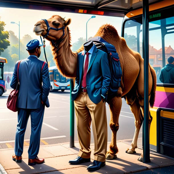 Drawing of a camel in a trousers on the bus stop