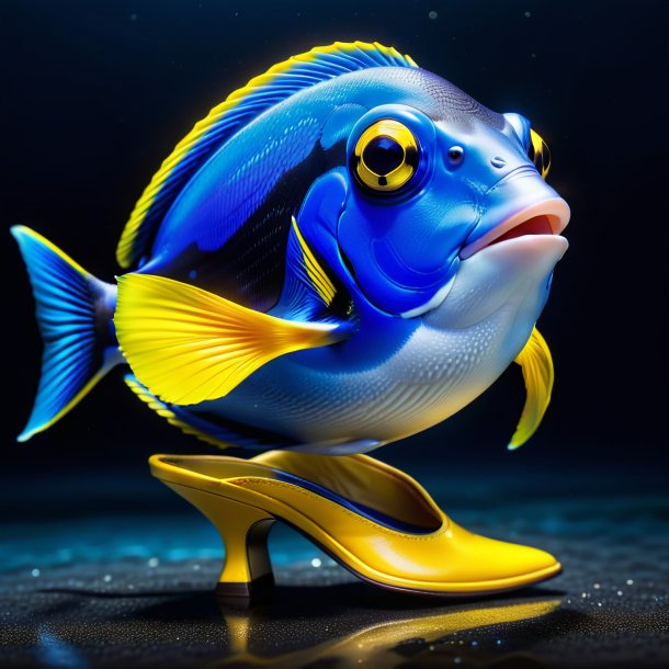 Image of a blue tang in a yellow shoes