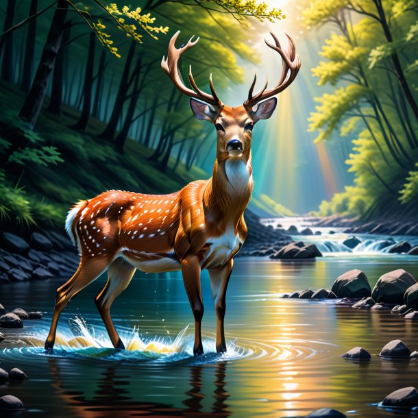 Drawing of a deer in a trousers in the river