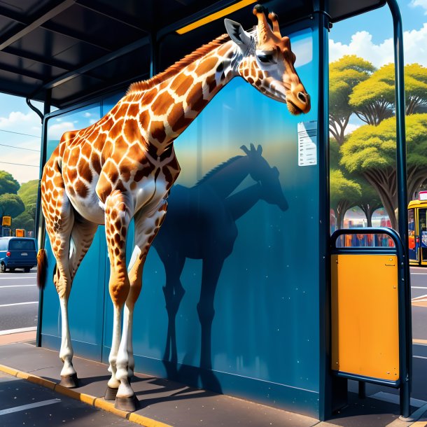 Drawing of a giraffe in a jeans on the bus stop