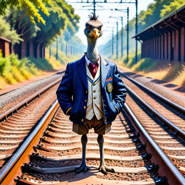 Imagem de uma emu em uma jaqueta nos trilhos ferroviários