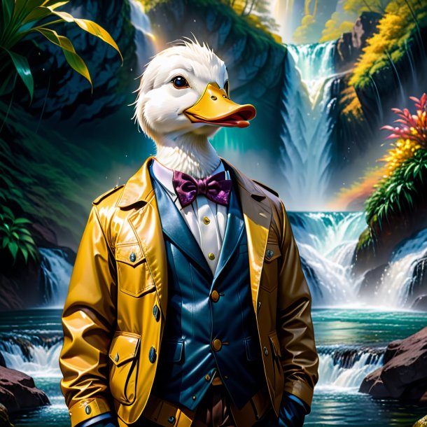 Illustration of a duck in a jacket in the waterfall