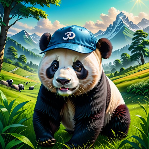 Illustration of a giant panda in a cap in the meadow