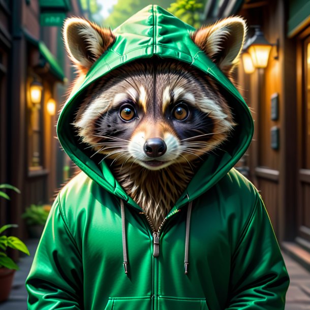 Imagen de un mapache en una sudadera verde