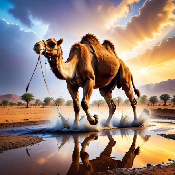 Image of a jumping of a camel in the puddle