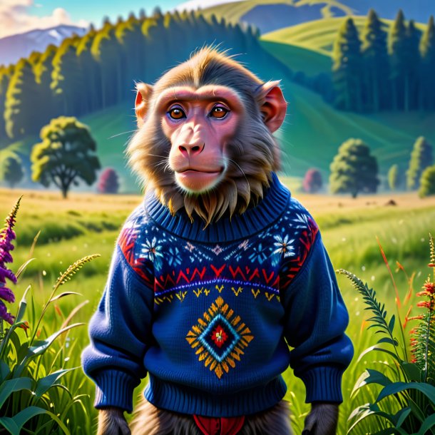 Photo of a baboon in a sweater in the meadow