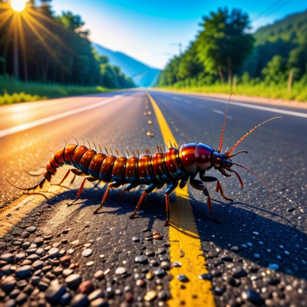 Photo of a drinking of a centipede on the road