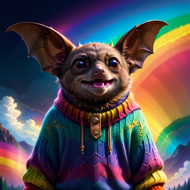 Drawing of a bat in a sweater on the rainbow