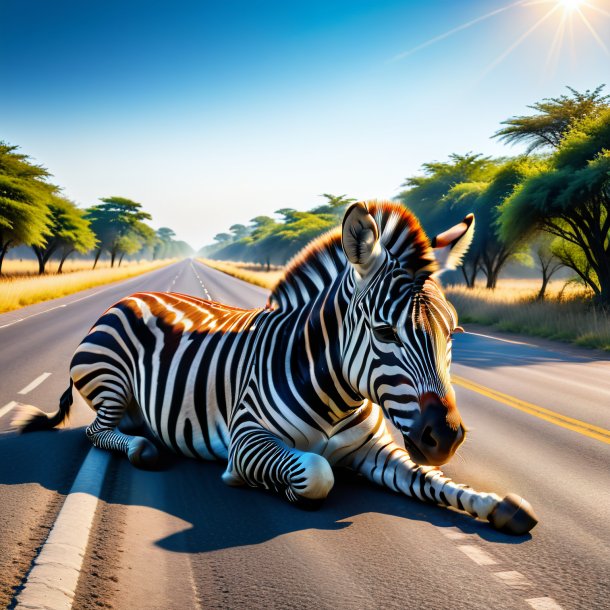 Photo of a sleeping of a zebra on the road