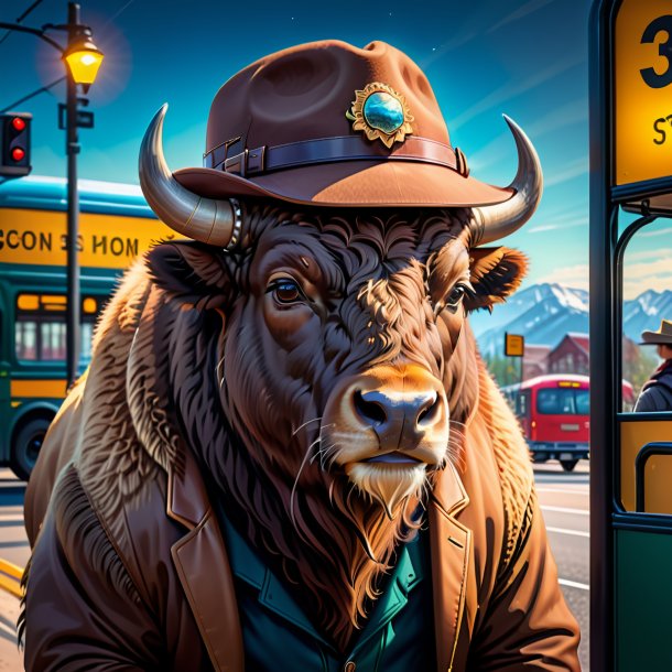 Illustration of a bison in a hat on the bus stop