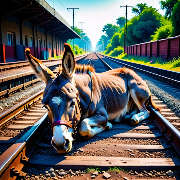 Image of a sleeping of a donkey on the railway tracks