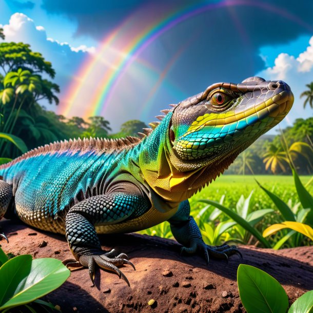 Foto de una comida de un lagarto monitor en el arco iris