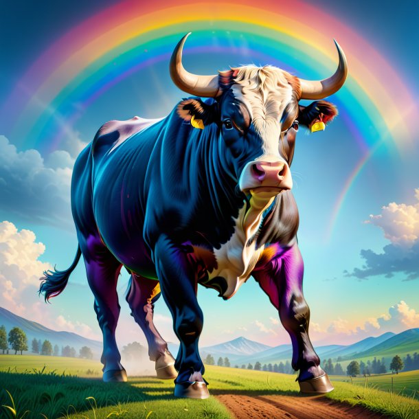 Illustration of a bull in a jeans on the rainbow