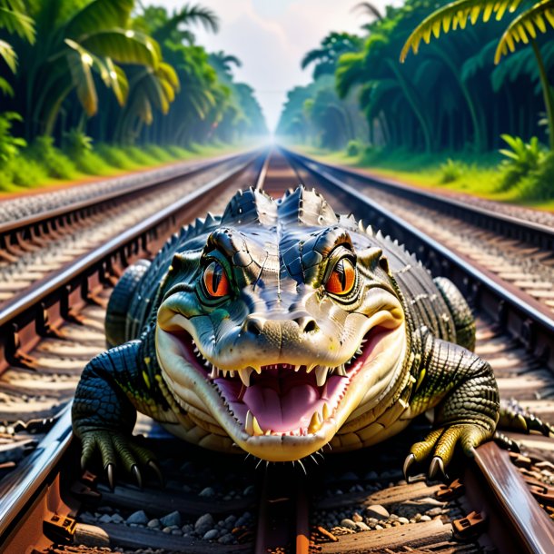 Pic of a crying of a alligator on the railway tracks