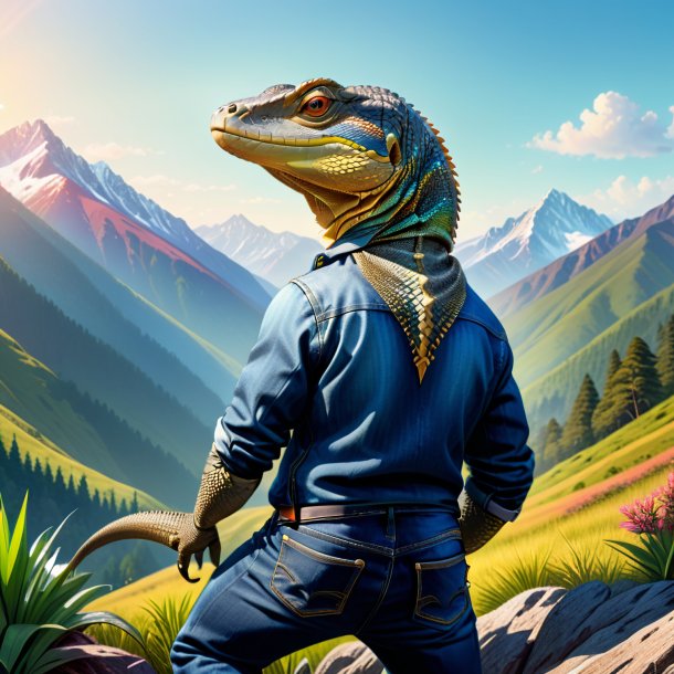 Illustration of a monitor lizard in a jeans in the mountains