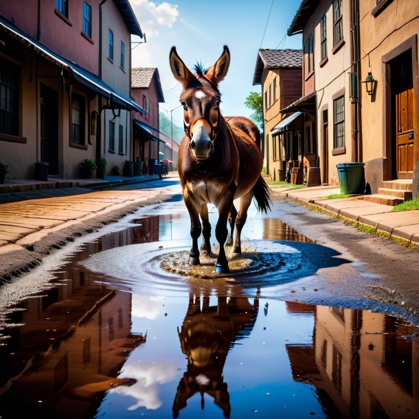 Image of a threatening of a mule in the puddle