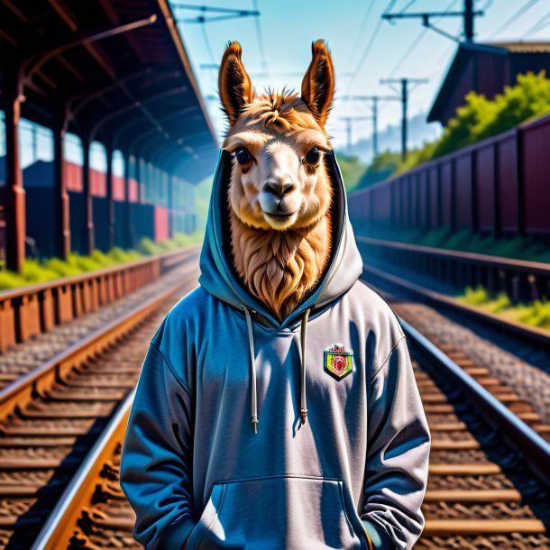 Pic of a llama in a hoodie on the railway tracks