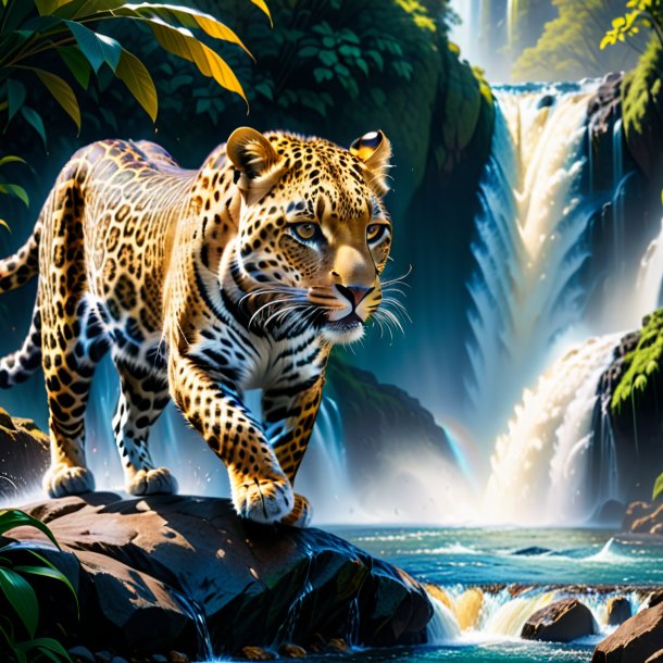 Photo of a leopard in a jeans in the waterfall